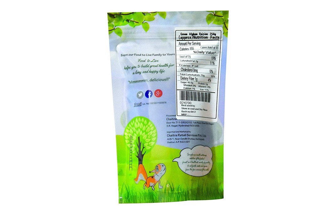 Food to Live Green Afghan Raisins    Pack  250 grams